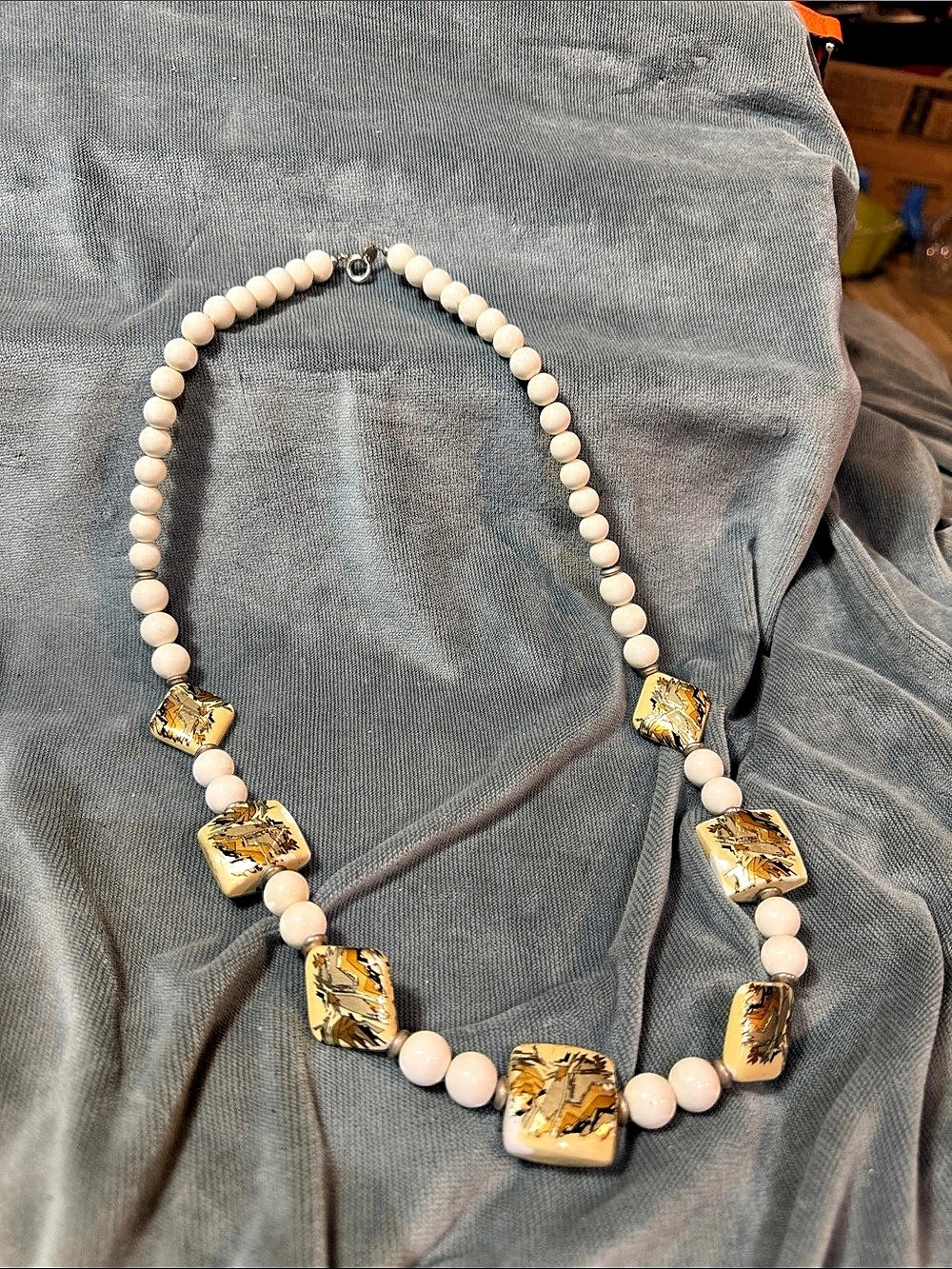 Beaded Abstract Statement Necklace in White & Gold